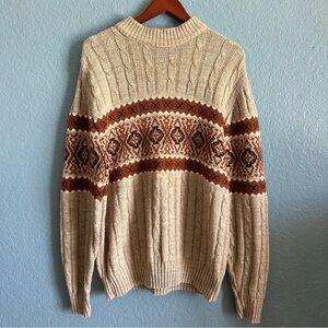 Jantzen Vintage Fair Isle Cable Knit Sweater USA Made Beige Brown Mens XL